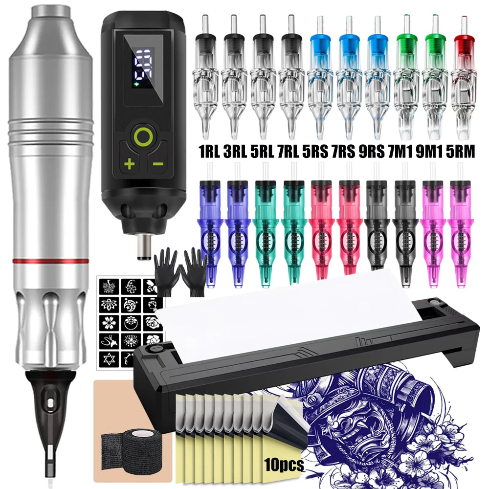 Ballpoint Tattoo Pen Machine Kit Rotary Tattoo Pen Set with Wireless Tattoo Transfer Stencil Printer Power Supply Needles