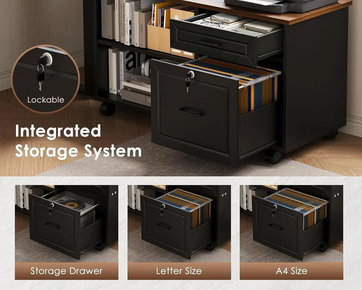 USA Stock 55" L Shaped Electric Standing Desk with Cabinet Sets, Walnut/Black | Mobile Drawers & File Cabinet Sets for Flexible