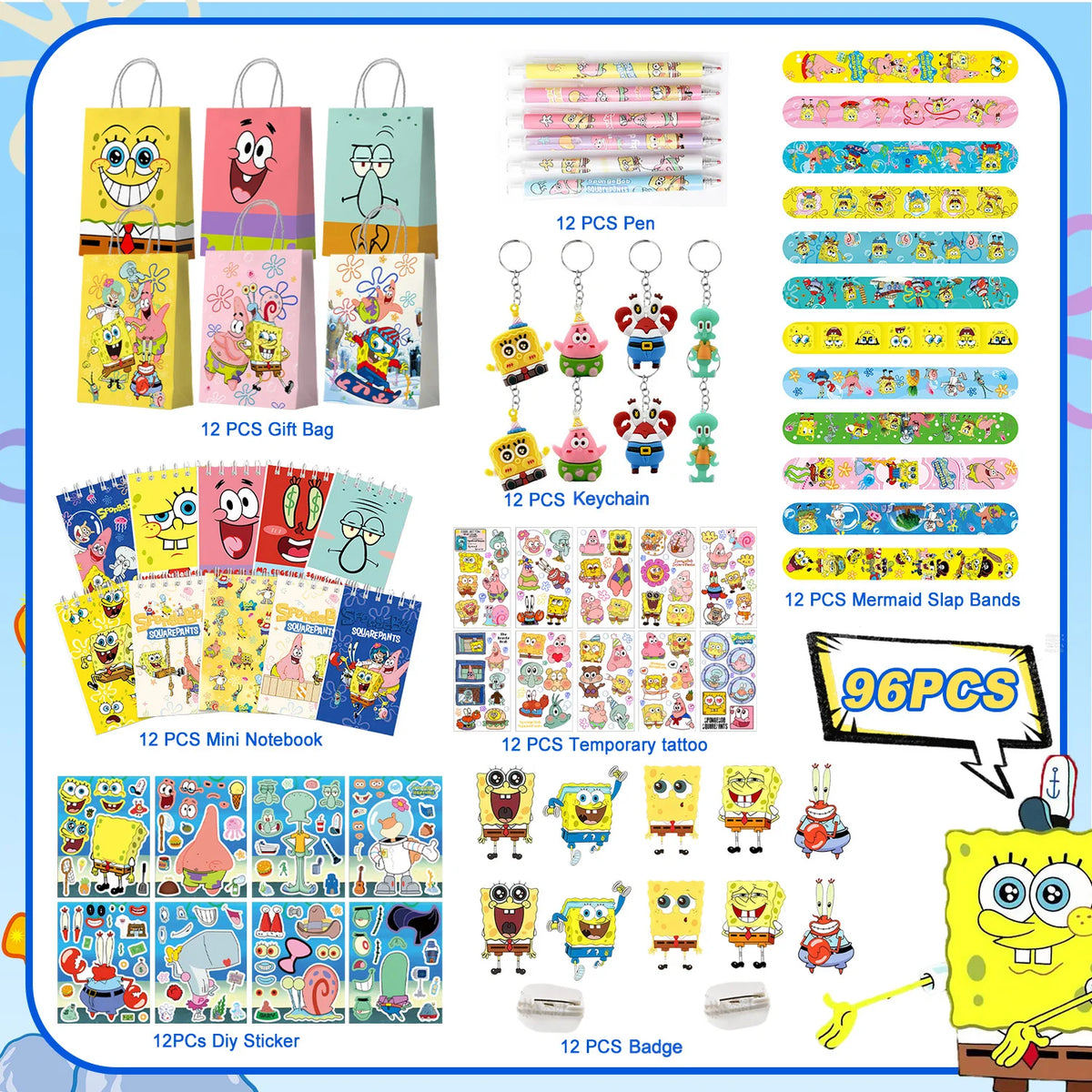 96 Pcs SpongeBob Birthday Party Favors-SpongeBob Party Favors Bags Keychain Stickers Slap Bands Etc SpongeBob Party Supplies