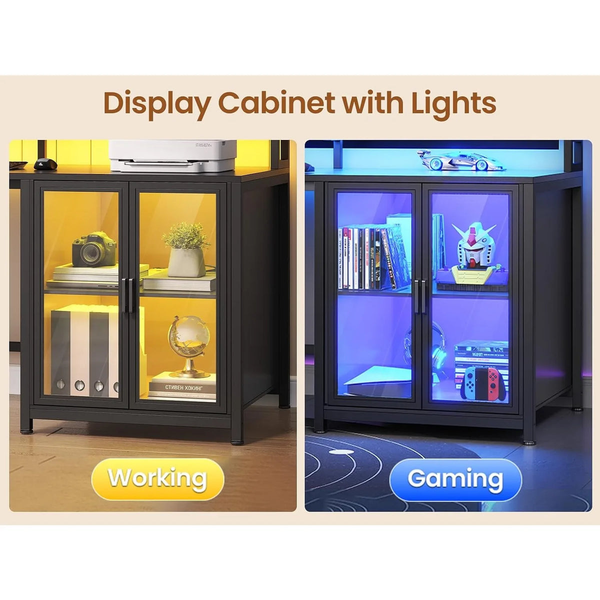 109" L Shaped Gaming Computer Desk,4 Drawers,Display Cabinet & Dual Monitor Space For Home Office, Customized