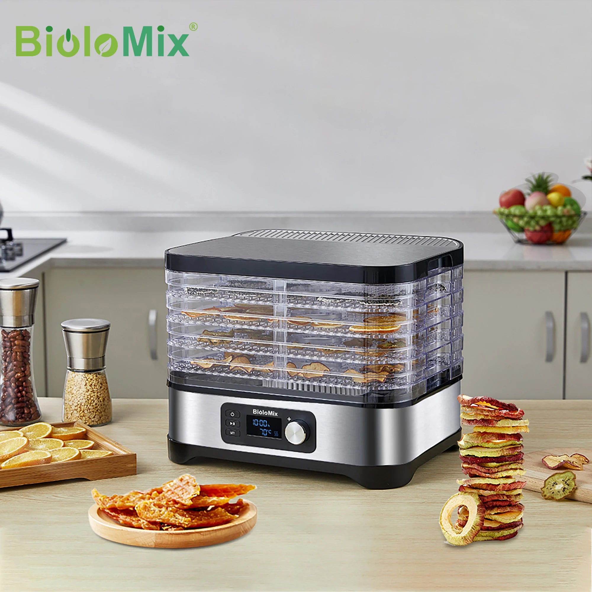 BioloMix BPA FREE 5 Trays Food Dryer Dehydrator with Digital Timer and Temperature Control for Fruit Vegetable Meat Beef Jerky