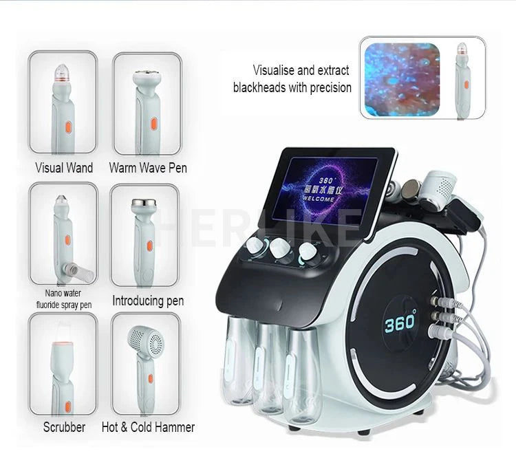Experience professional skincare with this portable 6-in-1 H2O2 small bubble oxygen facial machine. Improve skin hydration, exfoliate with microdermabrasion, and promote a fresh, glowing complexion with this versatile device!