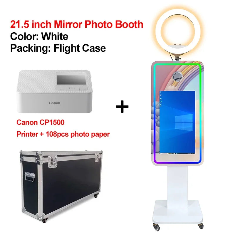 Portable Mirror Photo Booth Selfie Machine 21.5 in Touch Screen with Wheels and Flight Case for Party and Event