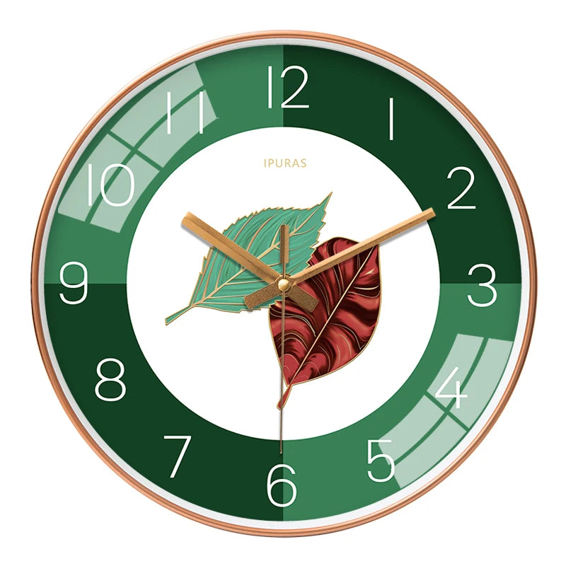 Green Leaf Art Wall Clock Silent Non-Ticking Modern Minimalist Easy to Read Clock for Living Room Bedroom Home Decor