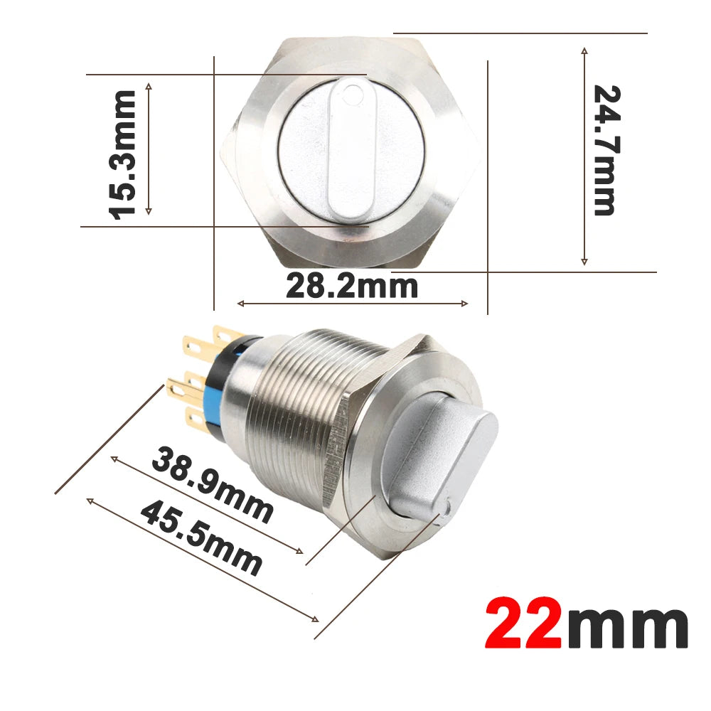 22mm 2/3 position Metal Selector Latching Push Button knob Rotary Switch DPDT SPDT 12V LED Illuminated 1NO1NC/2NO2NC ON OFF lock