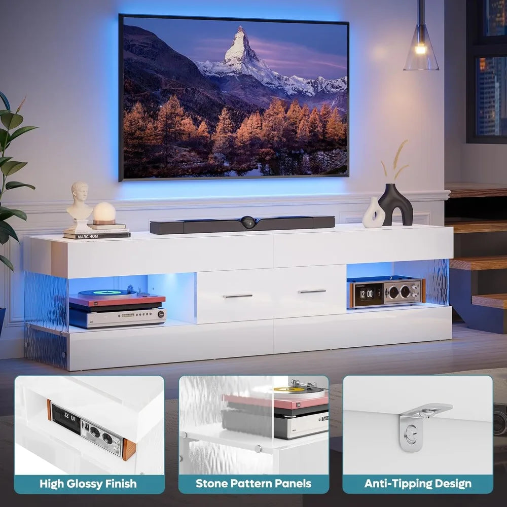 Modern High Gloss TV Stand for 55-65 Inch TVs with Stone-Patterned Sides and LED Entertainment Center