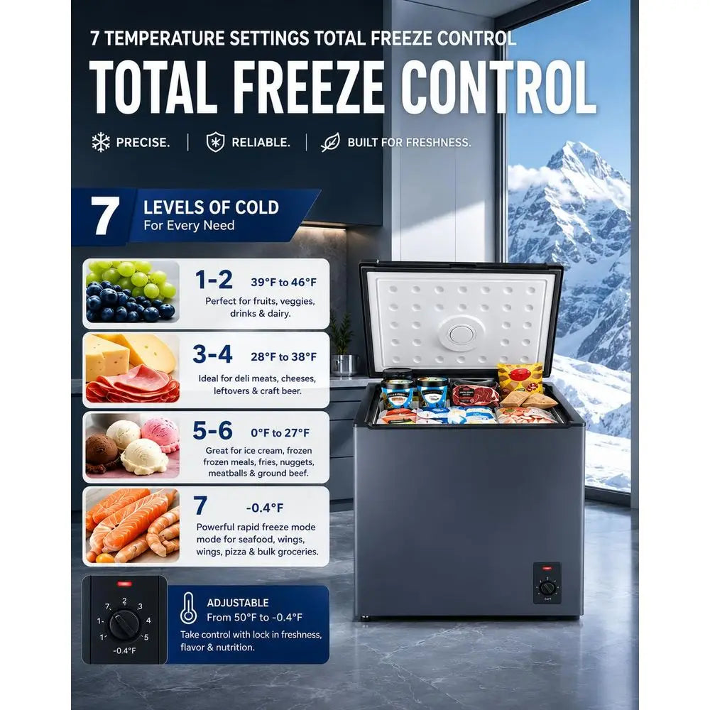 Cu Ft Chest Freezer, Compact Deep Freezer with Adjustable Temperature Control, Energy Efficient LowNoise Design, Removable Bask