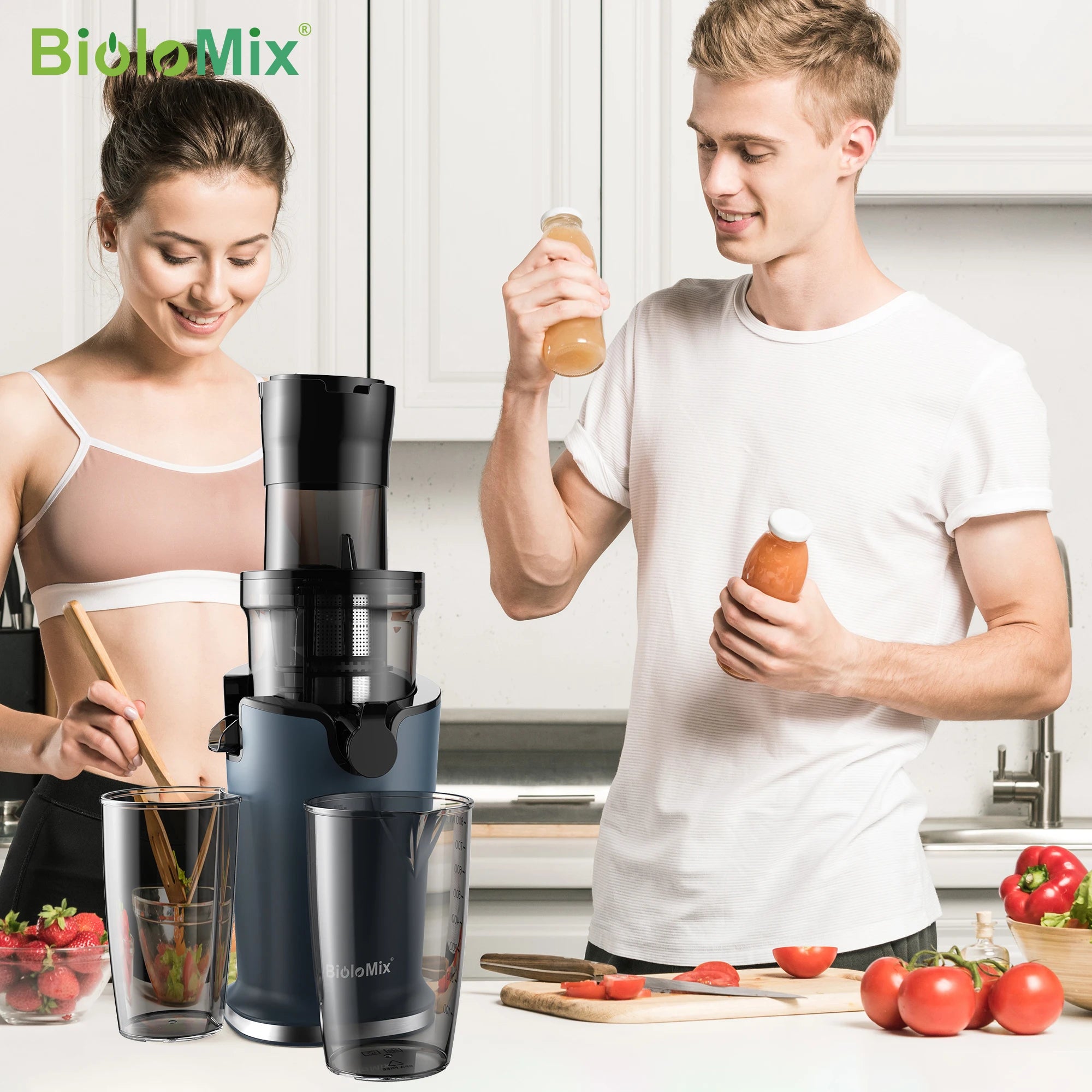 BioloMix Cold Press Juicer with 78mm Feed Chute, 200W 40-65RPM Powerful Motor Slow Masticating Juice Extractor Fits Whole Fruits