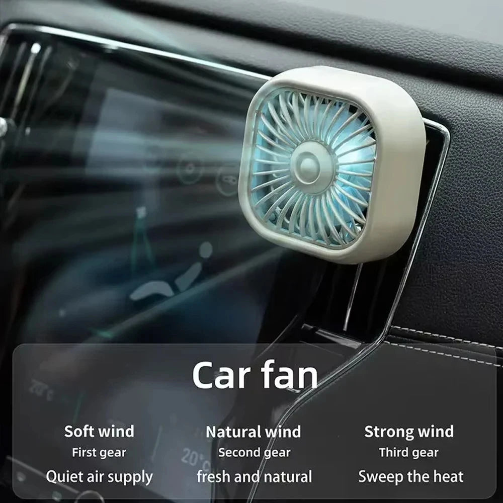 Summer New Mini USB Car Fan, 3 Speed Adjustable, Air Vent Mount with Colorful Light, Auto Cooling Fan Car Accessories
