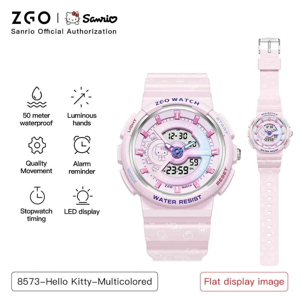 ZGO Sanrio Hello Kitty ladies' digital watch multi-functional dual-display waterproof sports watch for students gift 8573