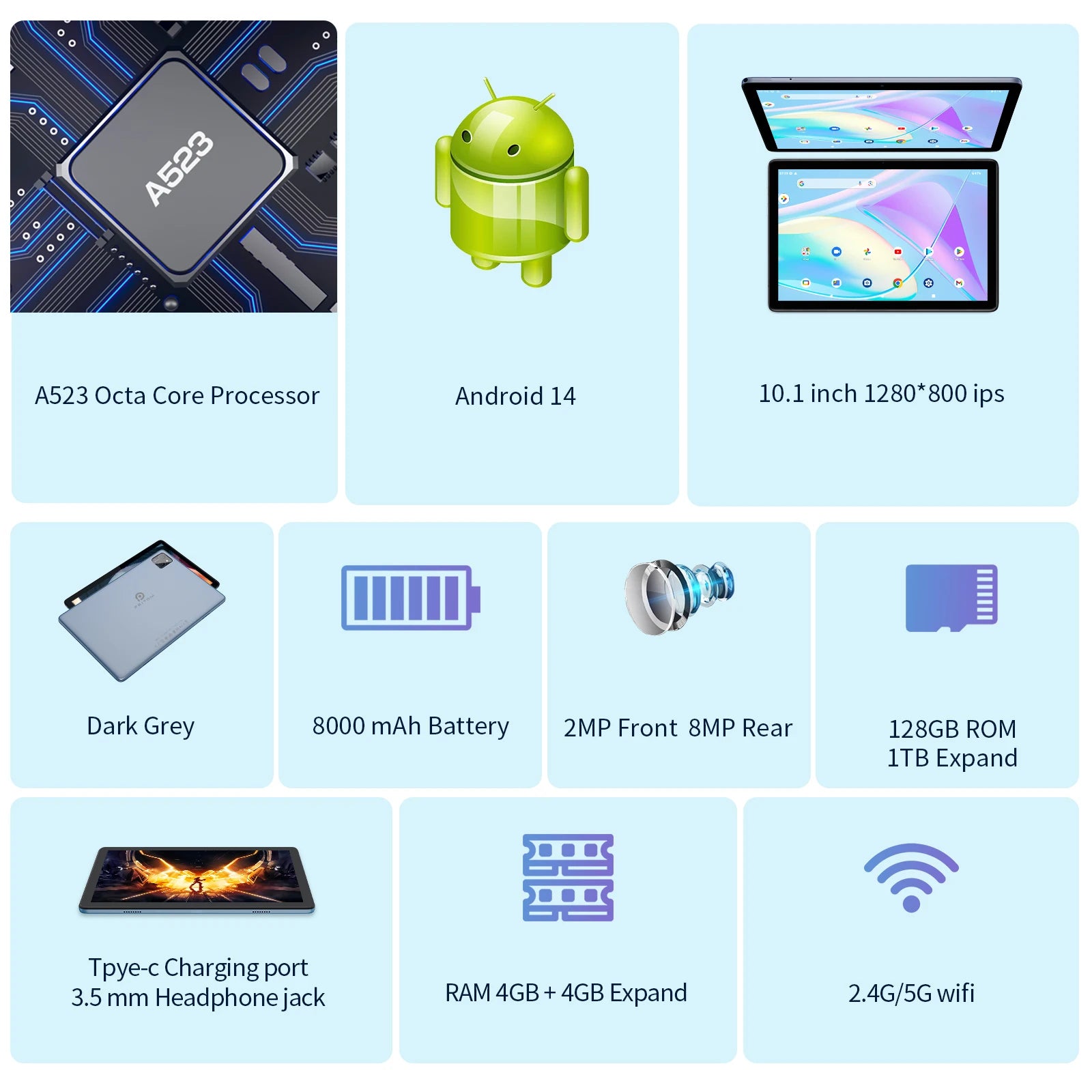 Stay productive and connected with this 10-inch Android 14 tablet—powered by an octa-core processor, 8GB RAM (4GB + 4GB expandable), 128GB storage, 5G & WiFi connectivity. Includes keyboard, mouse, and protective case for versatile use!