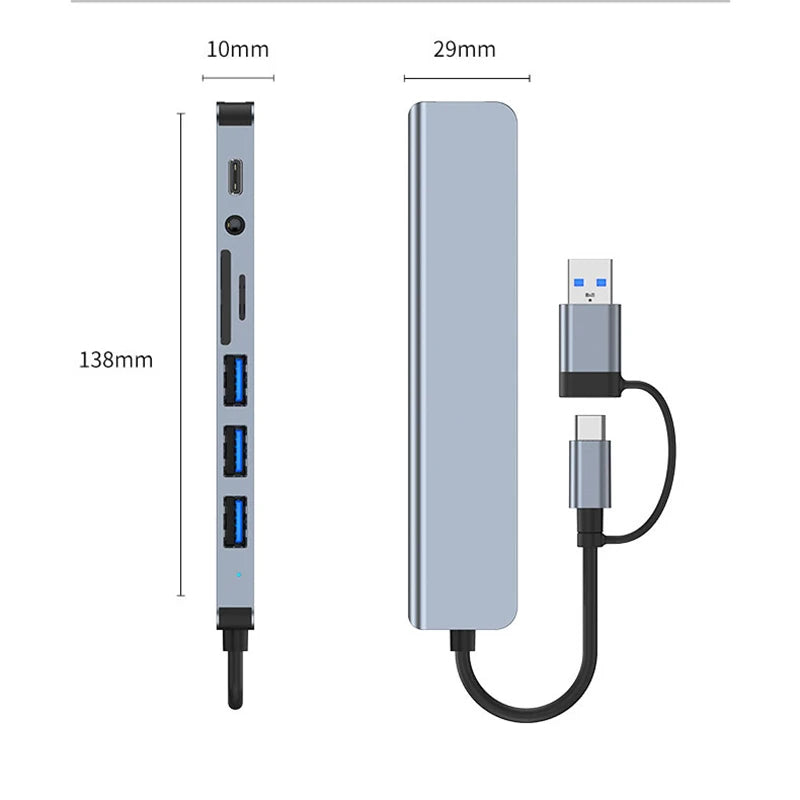 Expand your connectivity with this 8-in-2 USB + Type-C hub docking station—featuring multiple USB ports and a convenient card reader for seamless device access! Card Reader Laptop Tablet Phone Disk Converter