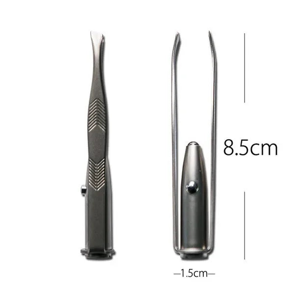 Precisely shape your brows anytime with this portable stainless steel eyebrow tweezer—smart design featuring built-in LED light for flawless makeup application!