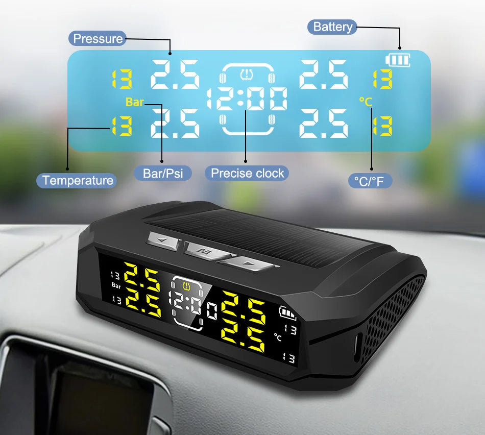 E-ACE Car TPMS Sensor 8 Bar Smart System For Car Truck With Car Electronic Clock Auto Intelligent System Solar Power LCD Display