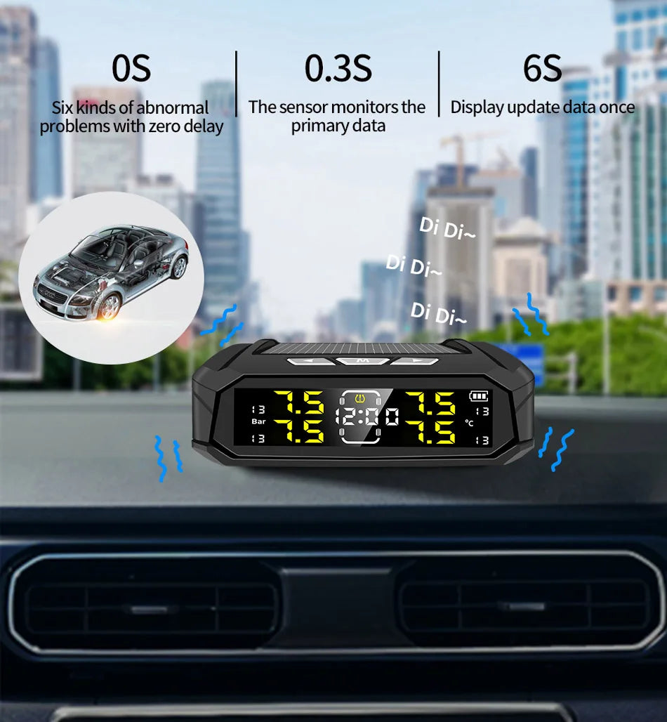 E-ACE Car TPMS Sensor 8 Bar Smart System For Car Truck With Car Electronic Clock Auto Intelligent System Solar Power LCD Display