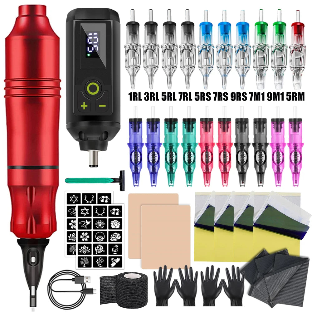 Ballpoint Tattoo Pen Machine Kit Rotary Tattoo Pen Set with Wireless Tattoo Transfer Stencil Printer Power Supply Needles