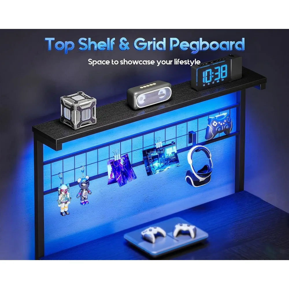 43” L-Shaped Gaming Desk for Compact Spaces: Corner Computer Table with Shelf, Hutch, 4 Drawers, LED Light, Power & USB Ports