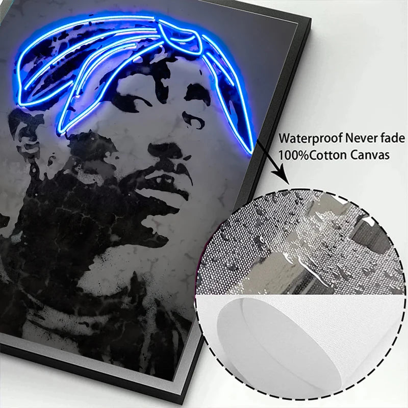 Abstract Neon Rapper Star Posters 2Pac Hip Hop Singers Wall Art Pictures Graffiti Canvas Painting Home Room Bar Decor NO LED