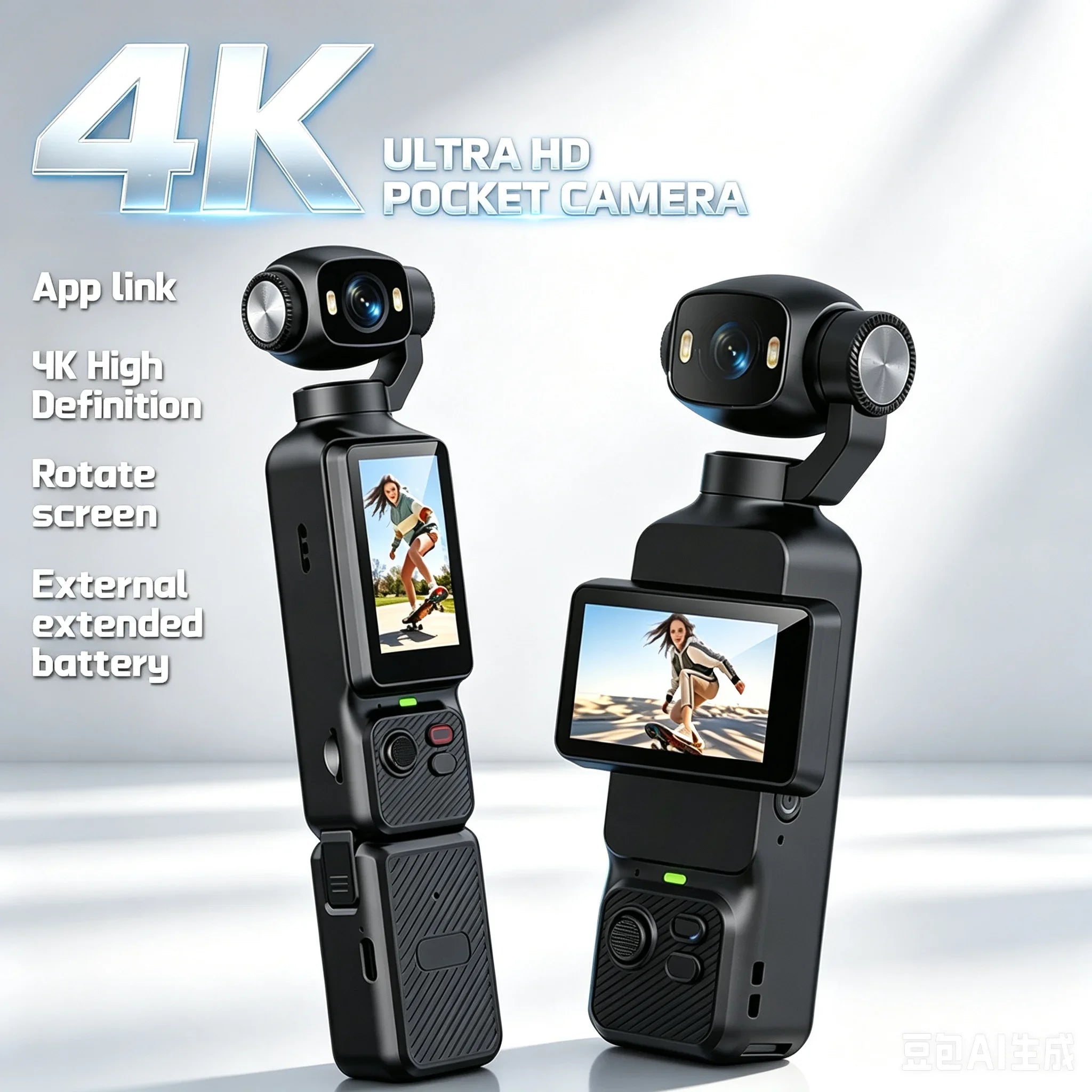 4K Handheld Action Camera HD 180° Rotatable Lens Electronic Anti-shake Pocket Vlog Camera with Fill Light for Outdoor Sports