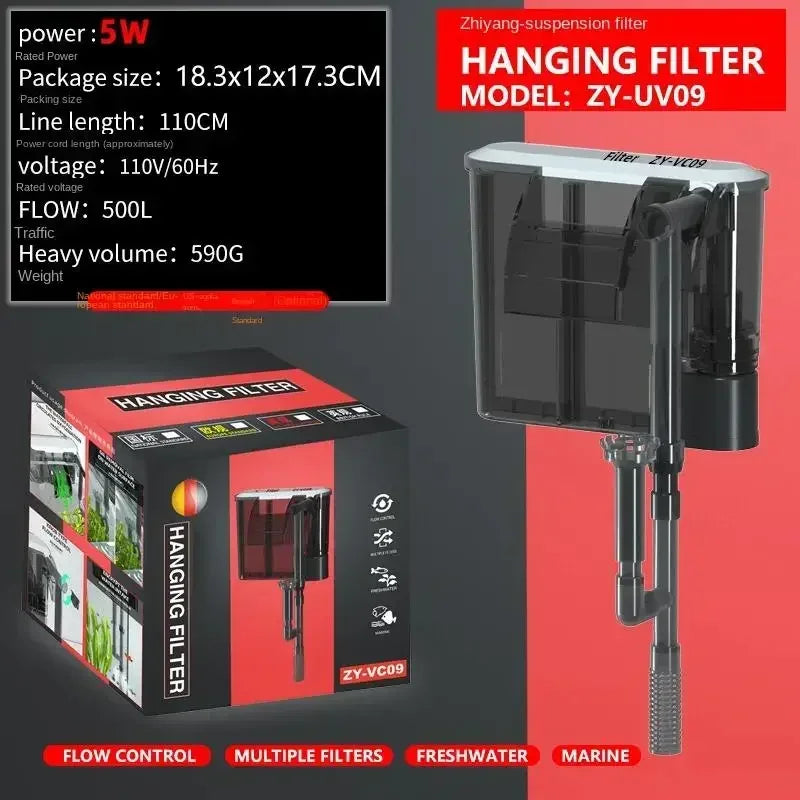 Aquarium Fish Tank Filter 110V 220V Wall Mounted Filter Pump Oil Removal Film External Grass Tank Filter Water Flow Adjustable