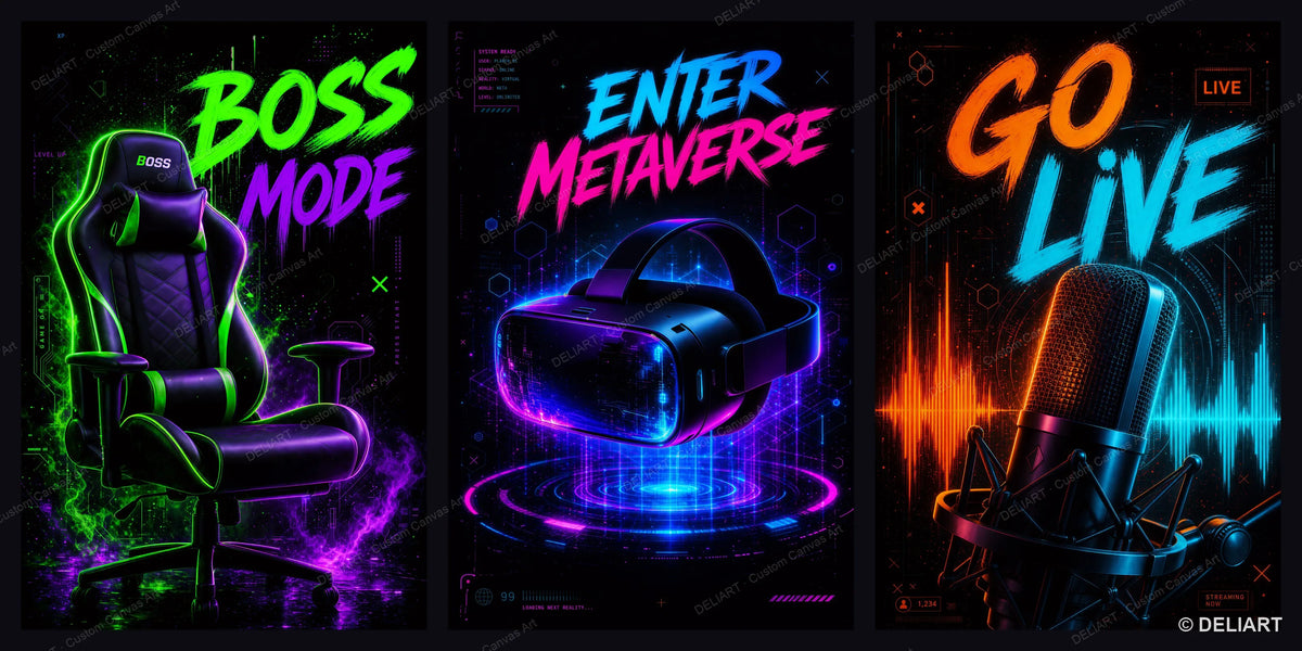1 & 3 PCS Set Neon Gaming Posters Canvas Wall Art Print Gamepad Gamer Room Decor Esports Gift for Boys Teens Unframed