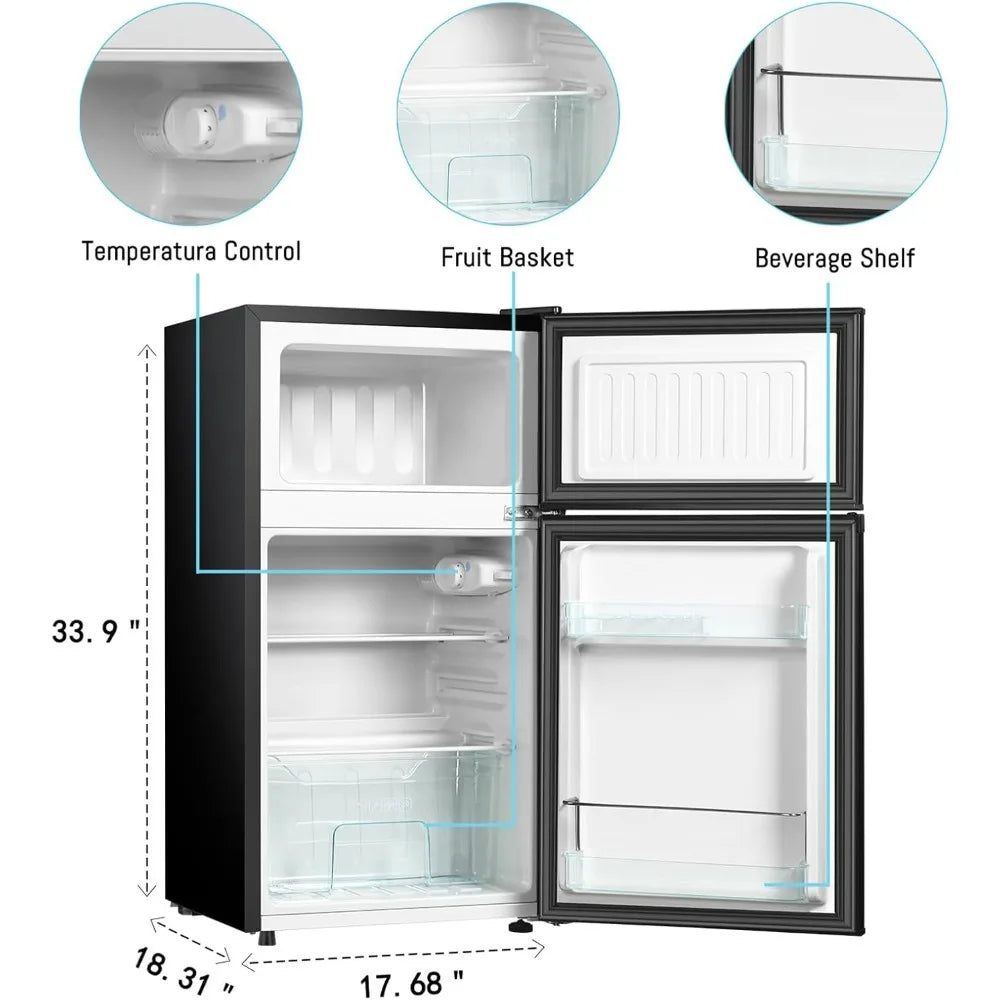 Compact Refrigerator With Freezer 3.2 Cu.Ft 2 Door Mini Fridge For Bedroom Office Kitchen Apartment Dorm Silver