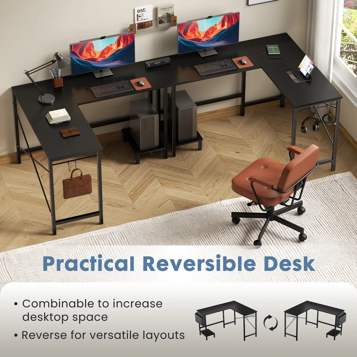 MCQ L Shaped Standing Office Computer Desk with Storage Bag and Side Hook Ergonomic Computer Corner Gaming Desk with PC Stand for Home Office Use Workstation
