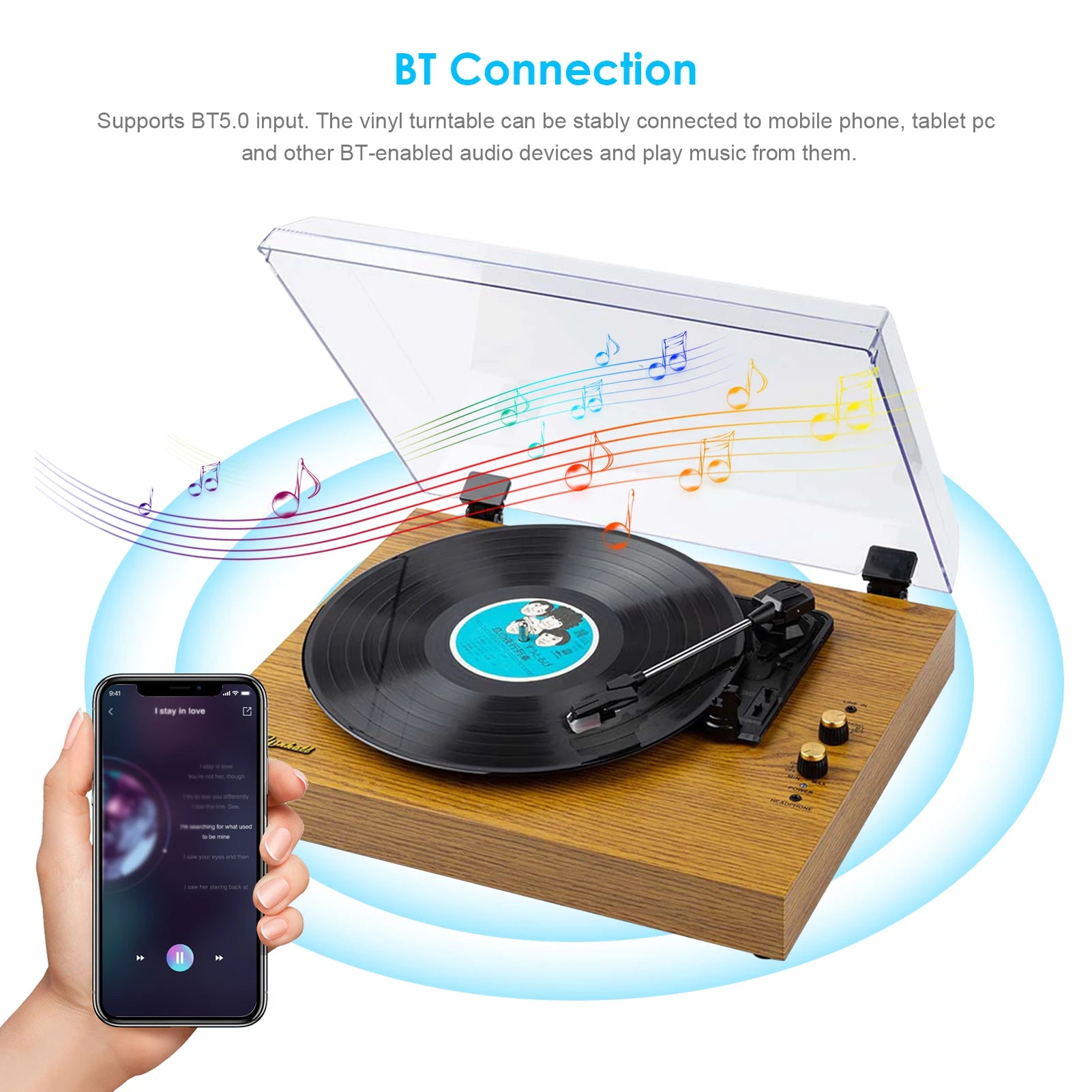 Records Turntable Record Player Built in Speakers Vintage Gramophone 3 Speed BT5.0 AUX in 3.5mm Output Retro Record Player