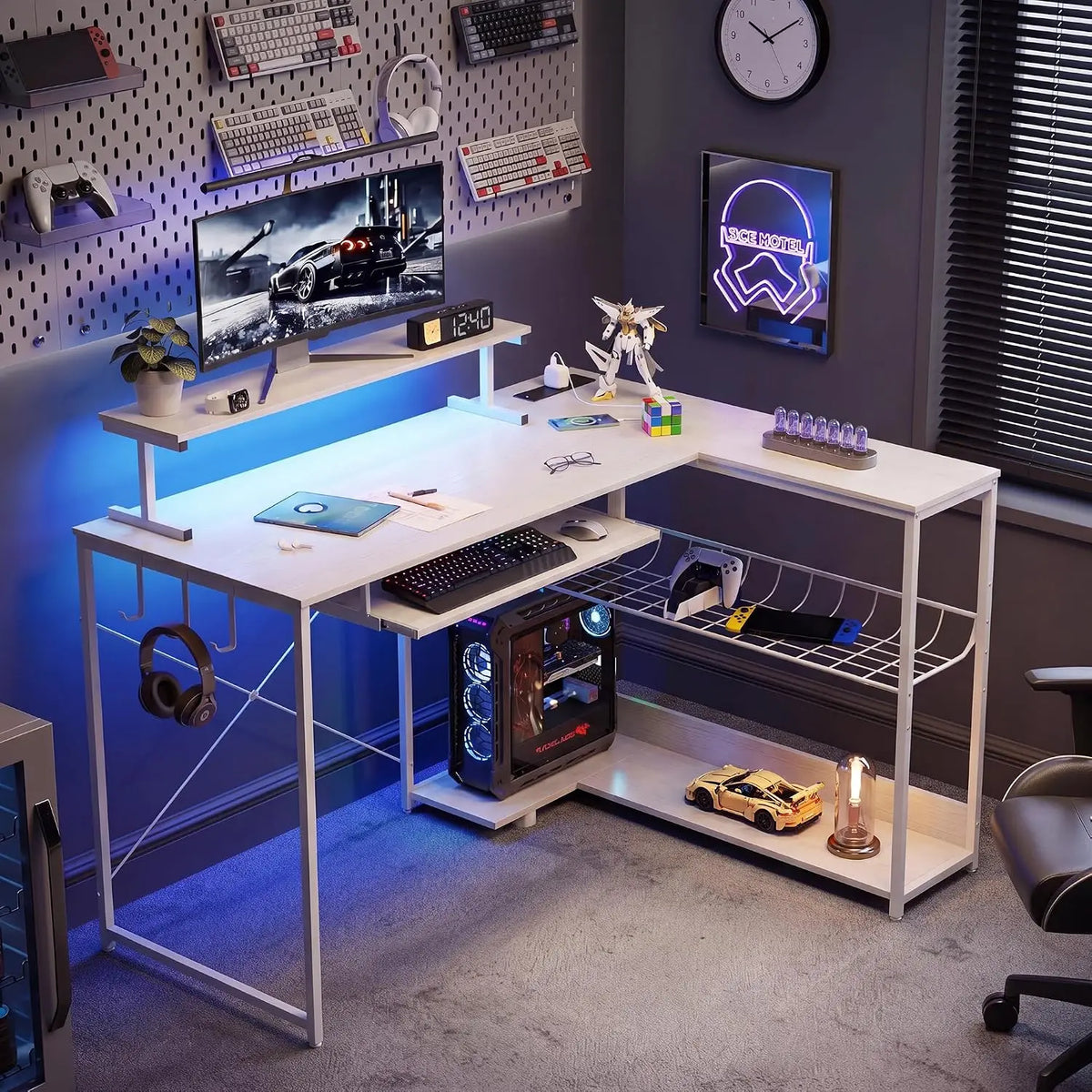 L Shaped Gaming Desk with Power Outlets & RGB LED Lights, 46" Corner Computer Table with Monitor Stand, Keyboard, Customized