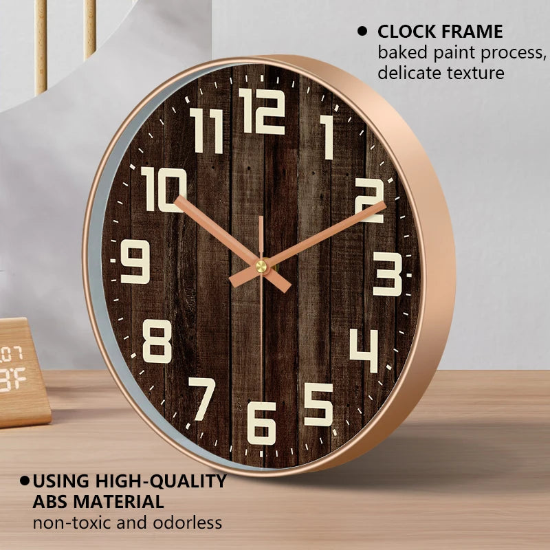 Vintage Rustic Wall Clock 2D Wood Grain Silent Noiseless Round Clock Farmhouse Style Decor for Living Room Kitchen Bedroom Home