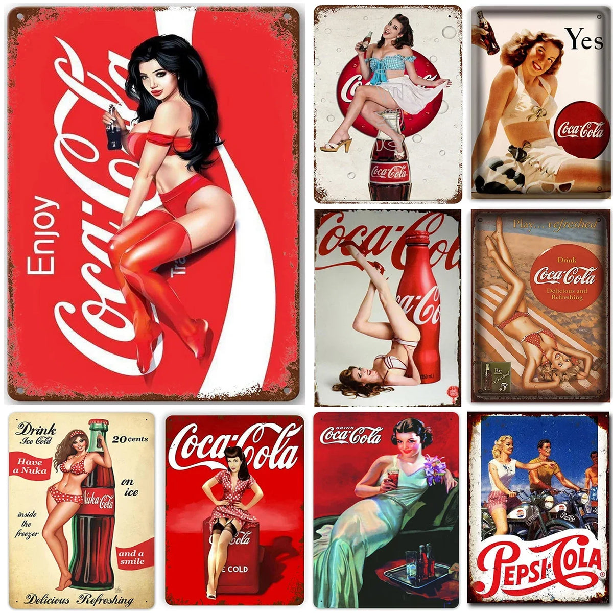 Retro "Vintage Soda & Pin-Up" Tin Sign,Old-School Advertising Wall Art,Decor for Man Cave,Bistro & Kitchen, Gift for Retro Fans.