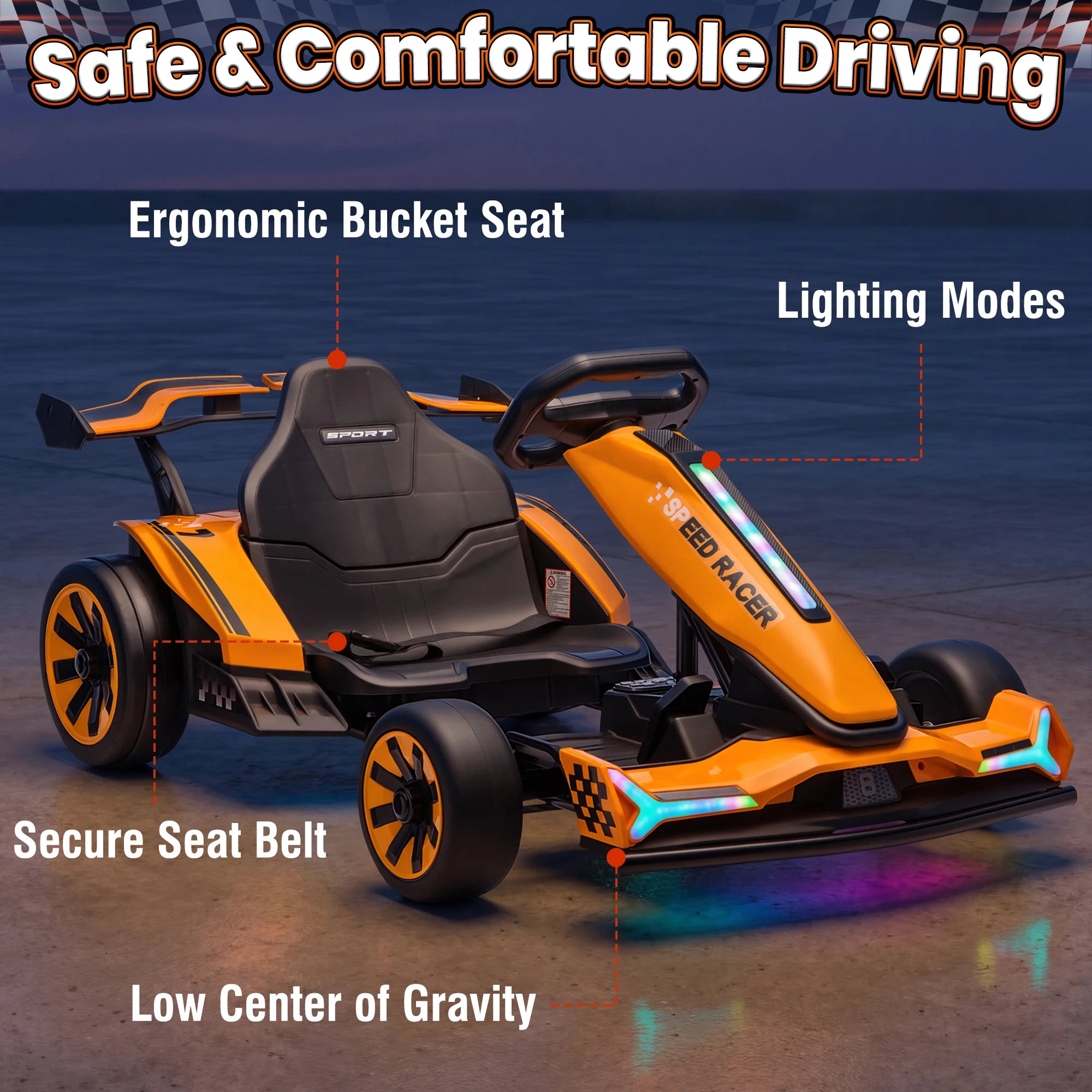 Joyracer 24V Go Kart for Kids 6-12, 2x400W Motors Electric Drift Car with Adjustable Length, 360°Drift Mode, 6.5 MPH High Speed Racing Car, Bluetooth Music