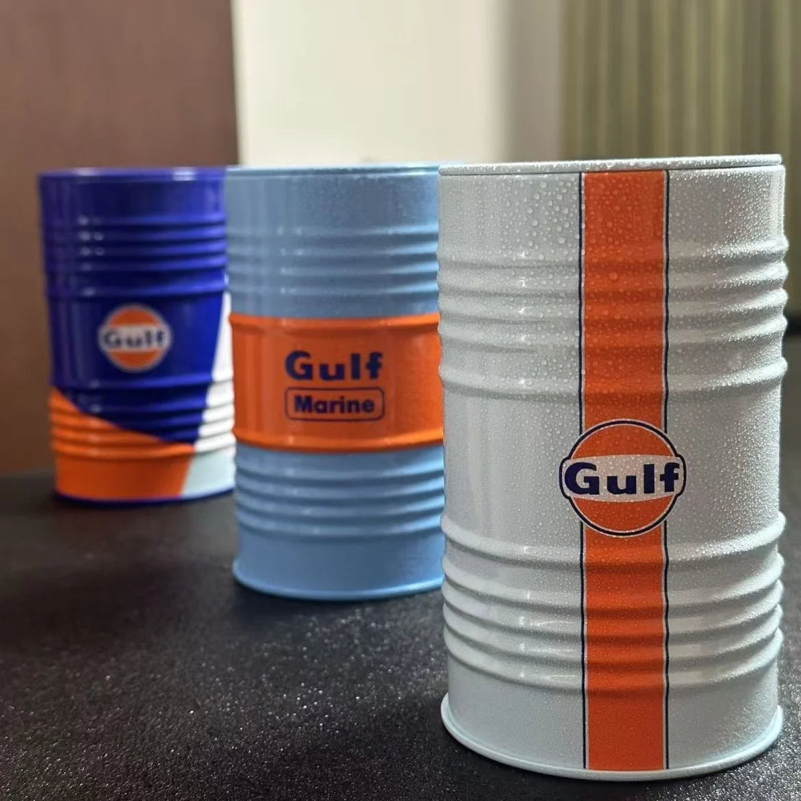 Gulf Oil Racing Car Micro Model Iron Box Scene Desktop Ornament Storage Tank Home Garden Decorative Craft for Collectors Gift