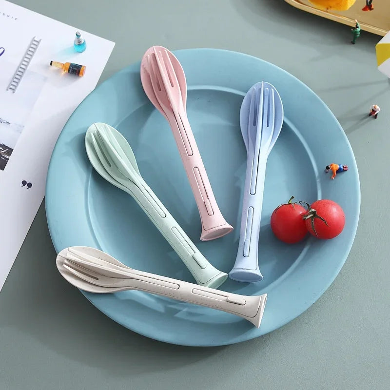 3Pcs Portable Tableware Set Wheat Straw Dinnerware Detachable Cutlery Travel Tableware Picnic Dinnerware Set Camping Cutlery Set