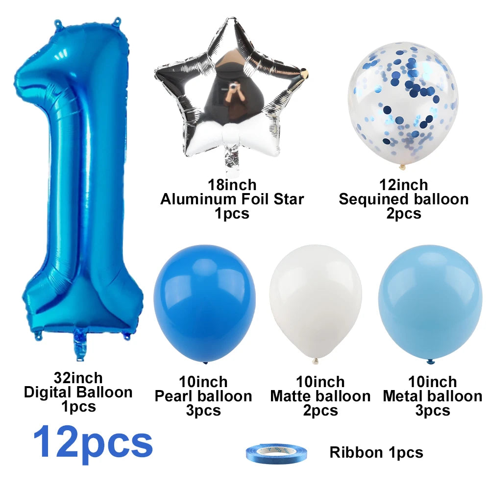 12pcs Blue 32inch Number Foil Balloon Star Confetti Latex Balloon Birthday Party Kids Adult Wedding Anniversary Globos Supplies