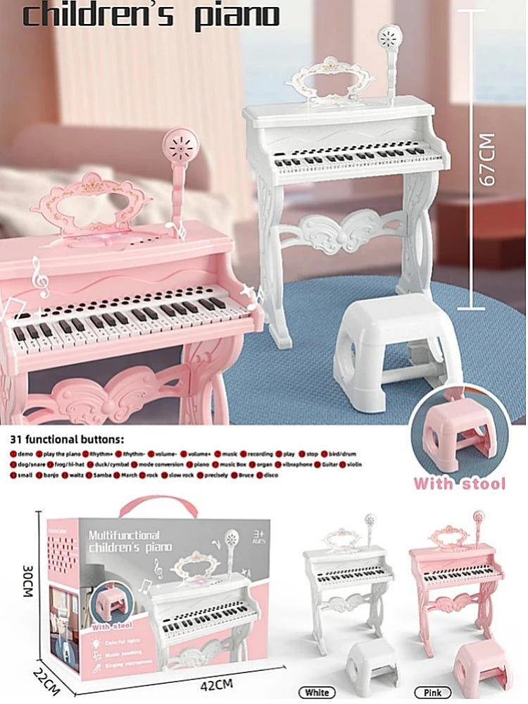 Kids electronic piano playset for girls beginner multi-functional playable microphone with small stool, Christmas birthday gift