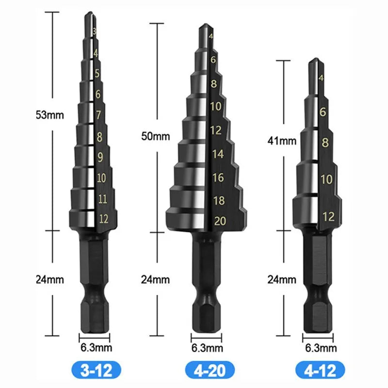 3Pcs  Straight Groove Step Drill Bit 3-12mm 4-12mm 4-20mm