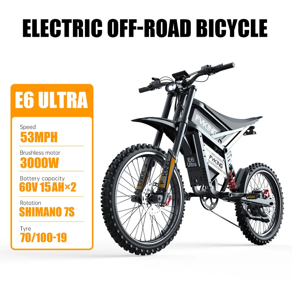 FVKING E6 Adult Electric Bicycle 3000W Peak Motor Equipped With 2 60V 30AH Batteries Off-road Electric Motorcycle Speed 80km/H