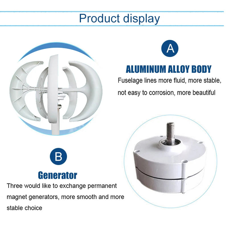 1000W 1KW Vertical Axis Wind Turbine 12V 24V 48V Wind Generator CE Certified Free Energy Low Speed Start Off Grid for Home Use