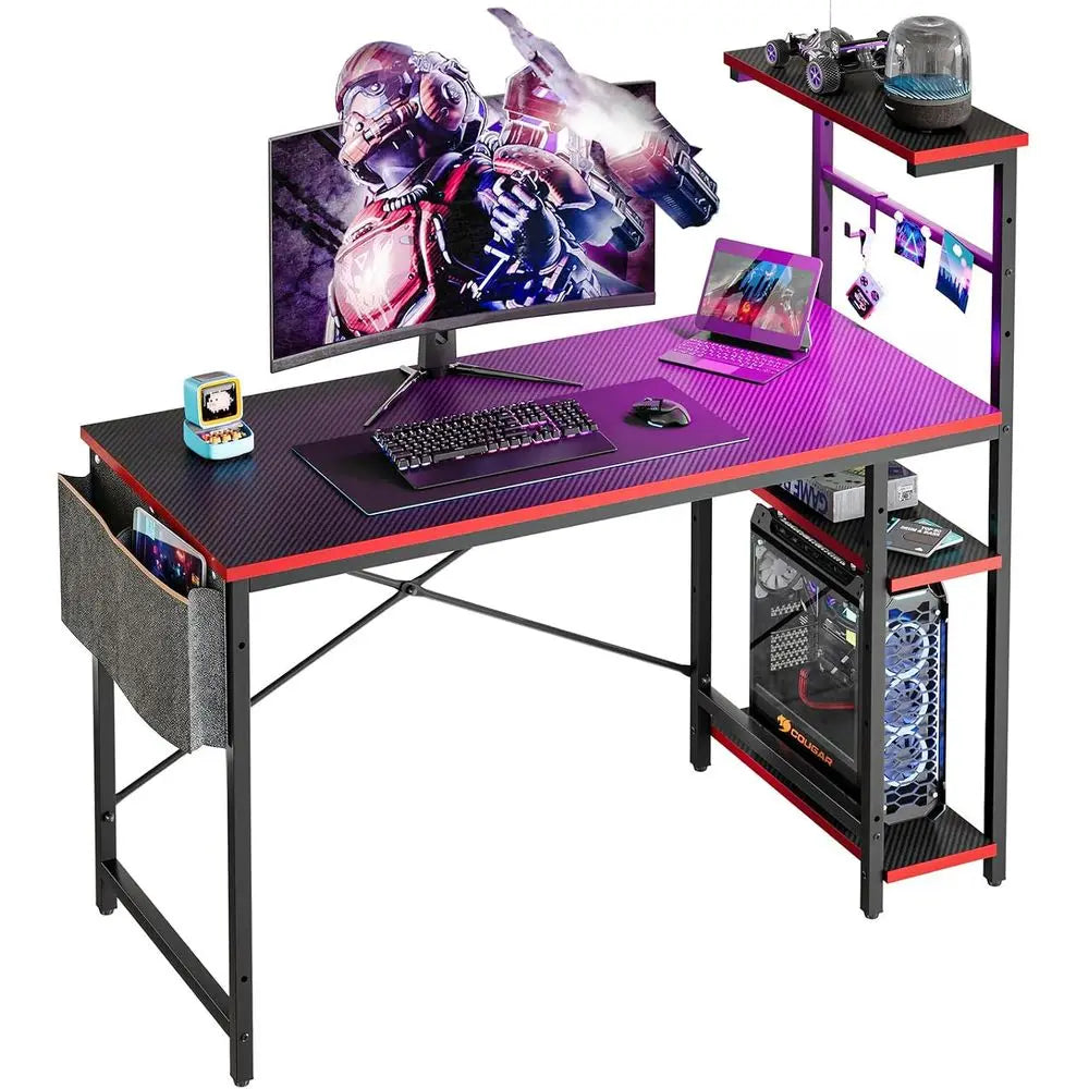 Gaming Desk with LED Lights, 44 Inch PC Gamer Desk or Small Spaces, Computer Desk with Reversible Storage Shelves & Side Storage