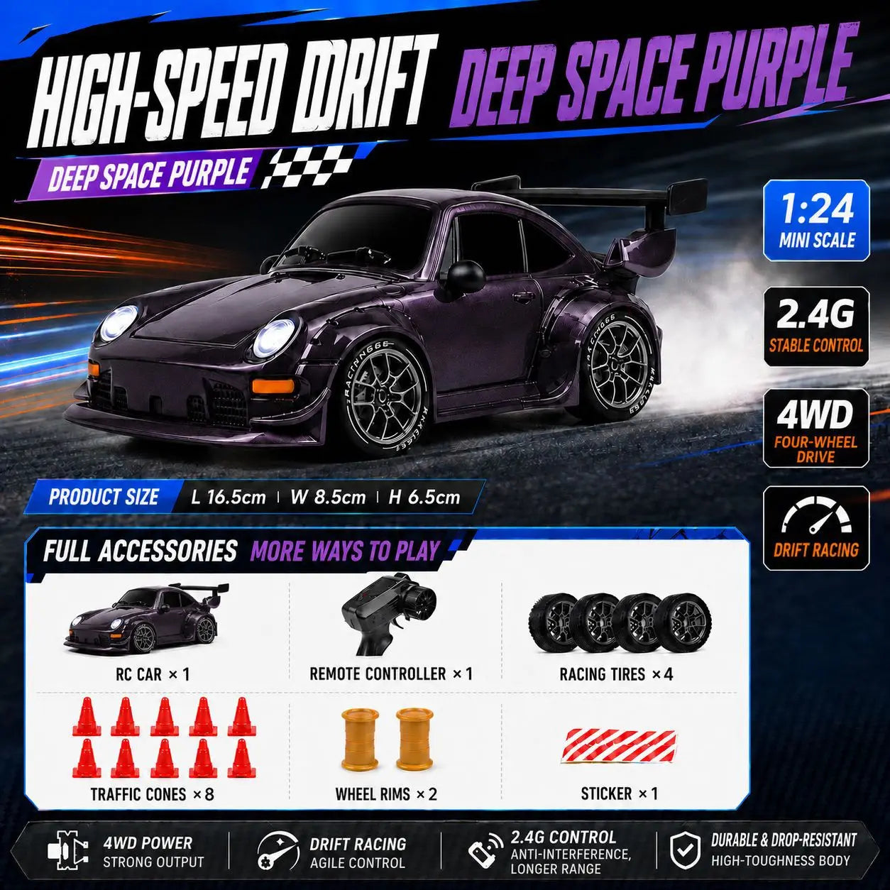 New Rc Drift Car 1 To 24 Scale Dinosaur Painted Four Wheel Drive Led Lights Aerodynamic Rear Wing Decorative Ornament