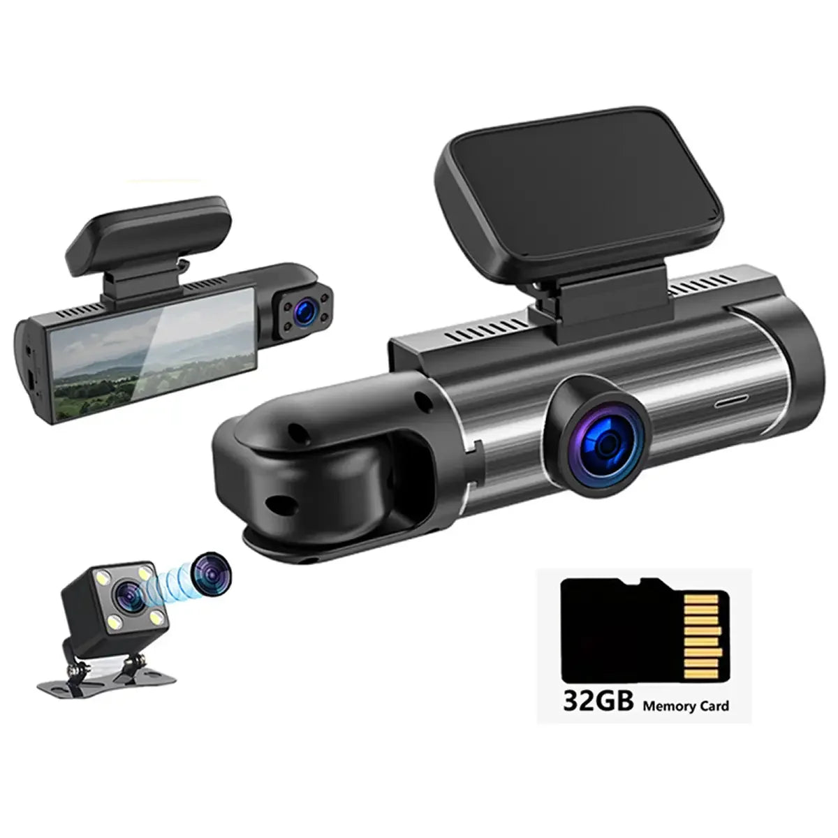 Dash Cam 3.16 Inch 3 Lens Dash Cam, Front Built-in Rear Camera, G Sensor HD Night Vision Wide Angle Car DVR, With 32GB SD Card