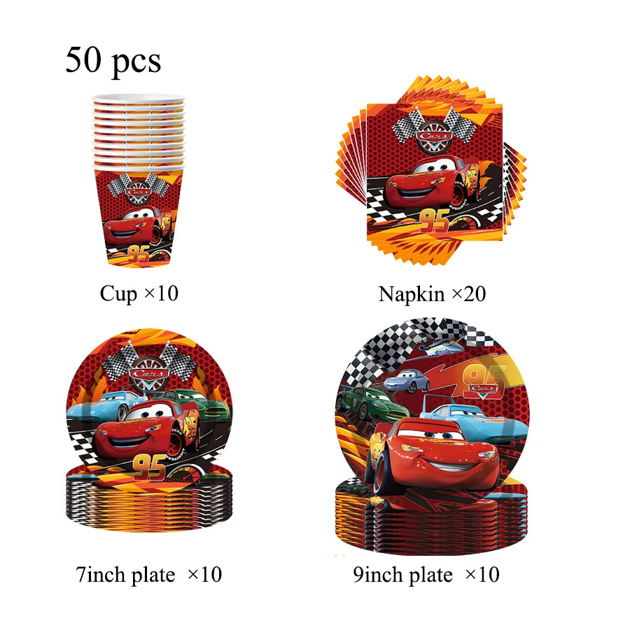 Cars Theme Birthday Party Decoration Tableware Banner Tablecloth Gift Bag Paper Plates Party Favors Toy Set Stamps Bracelets