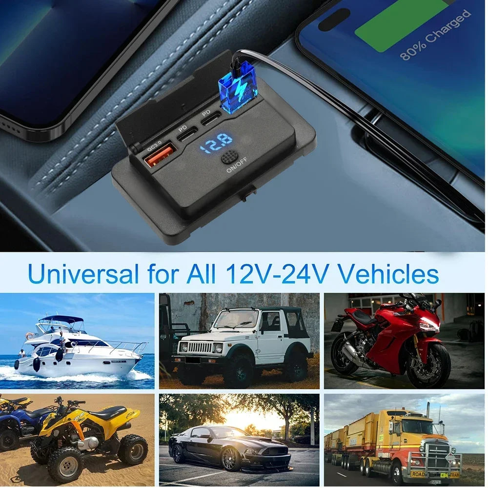 Car Charger Socket Adapter with Switch 2/4 Ports 12V 24V PD QC3.0 Charging Splitter Outlet for Bus RV ATV Truck Boat