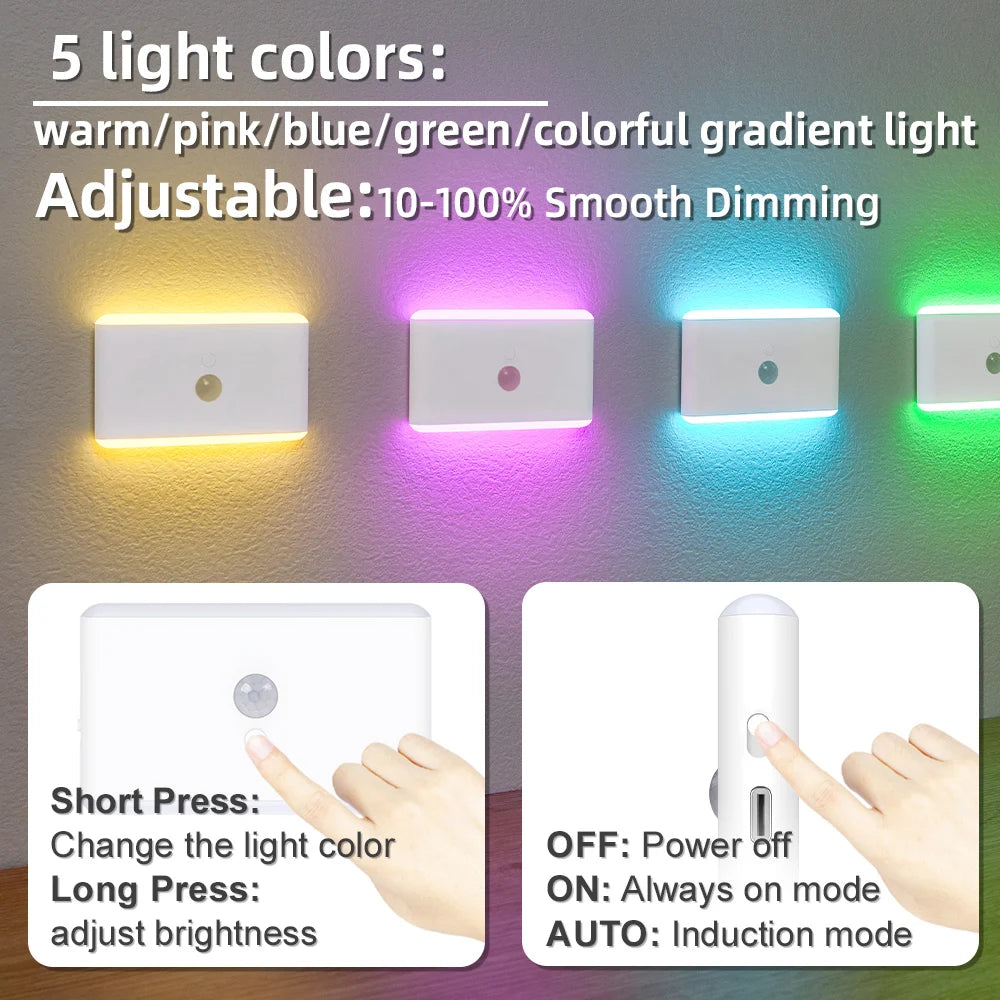 Light up your nights with this LED motion sensor night light—featuring 3 dimmable modes, perfect for stairs and indoor use with battery power!