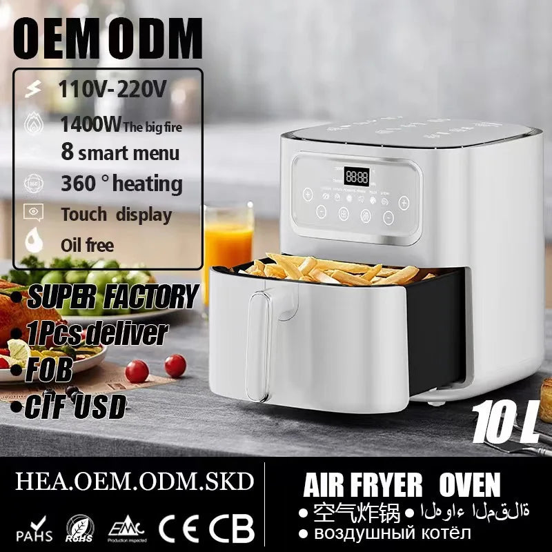 Stainless steel household 10 liter large capacity intelligent electronic digital fryer, oil-free multifunctional touch screen ai