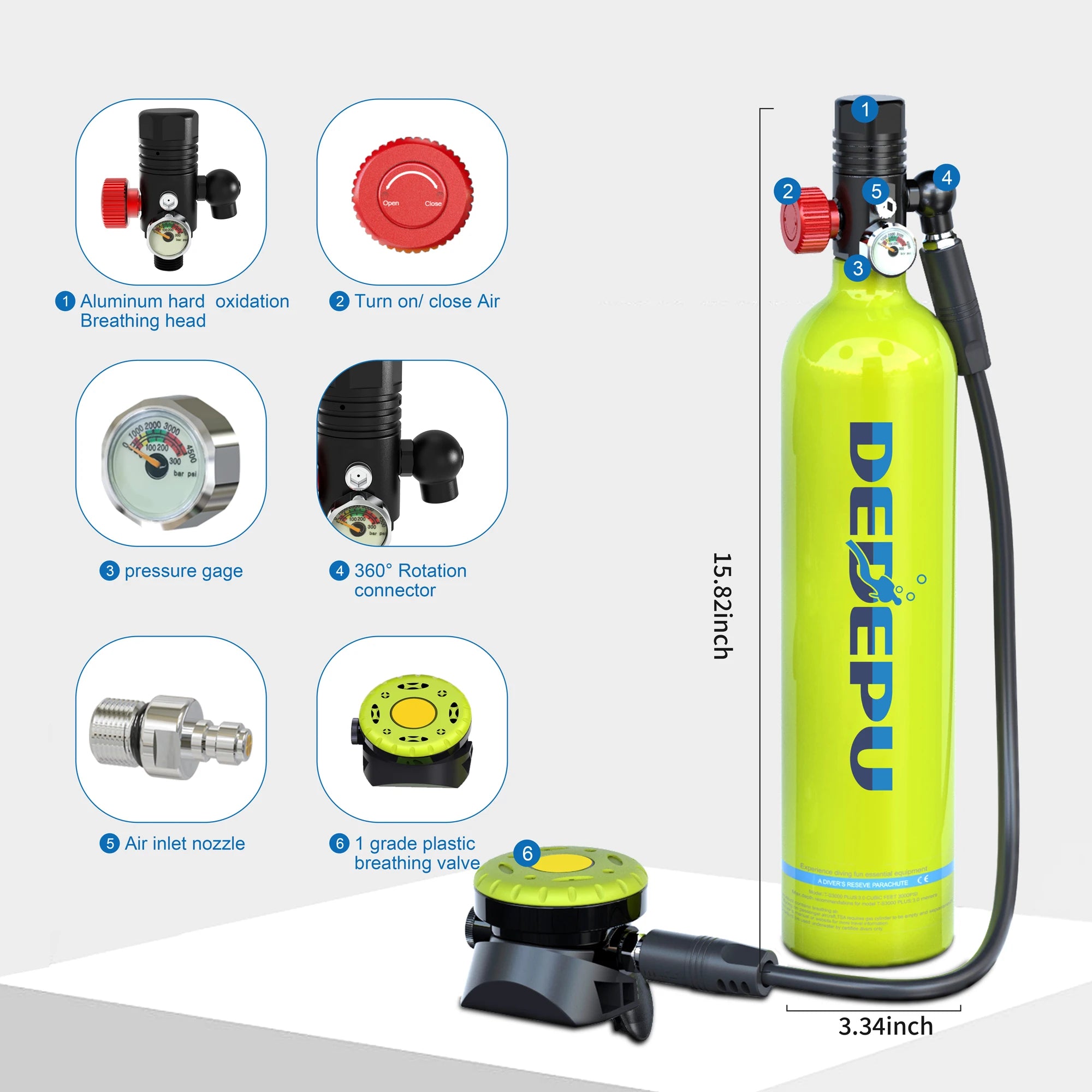 DEDEPU 1L Scuba Diving Tank Professional Diving Equipment Underwater Breathing Scuba Tank Oxygen Cylinder 15-25 Minutes