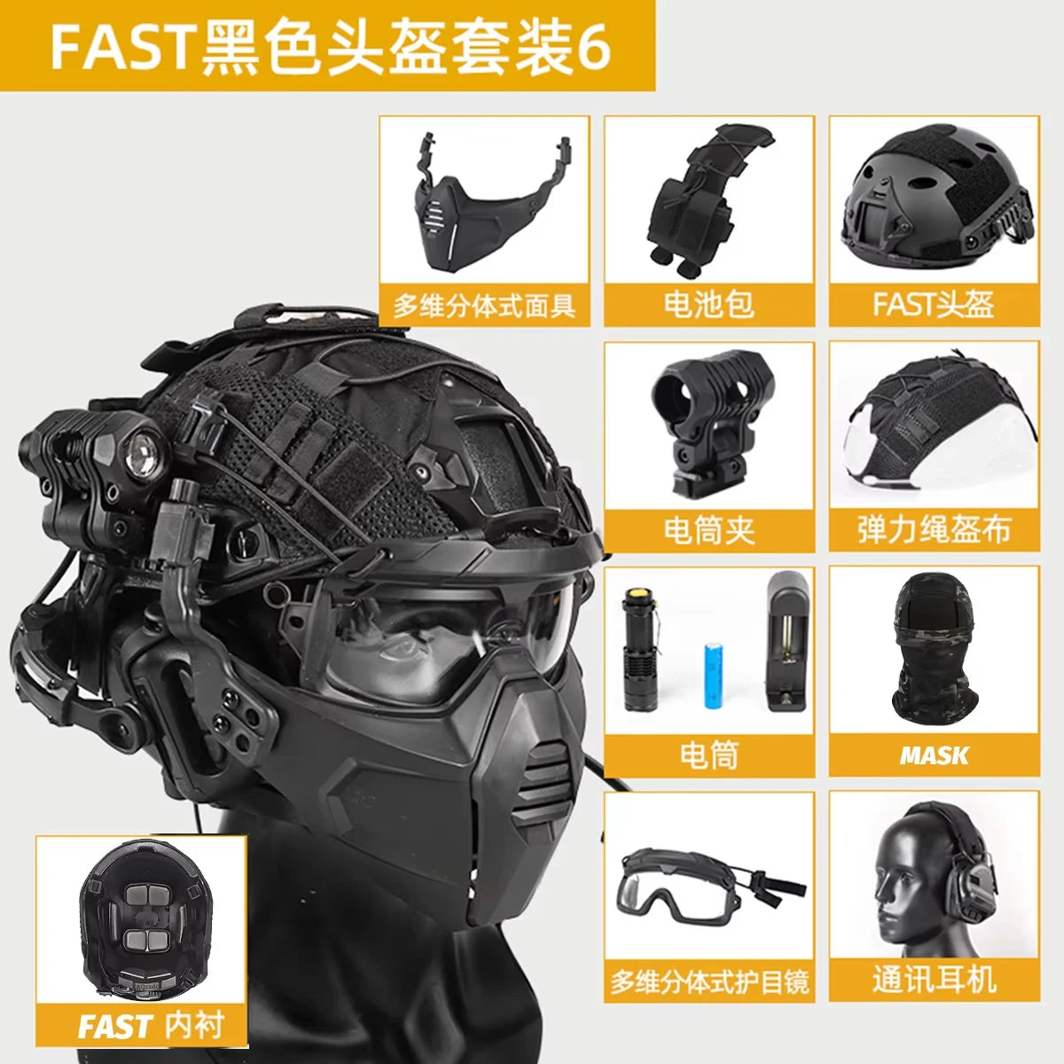 Helmet Set with Night Vision Model Sound Pickup Noise Reduction Military Headphones Tactical Flashlight Goggles Split Mask