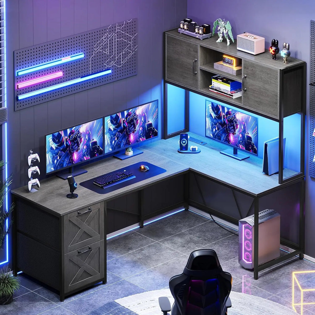 L Shaped Gaming Desk with Drawers LED Lights Power Outlet Hutch Storage Shelf Home Office Grey, Customized