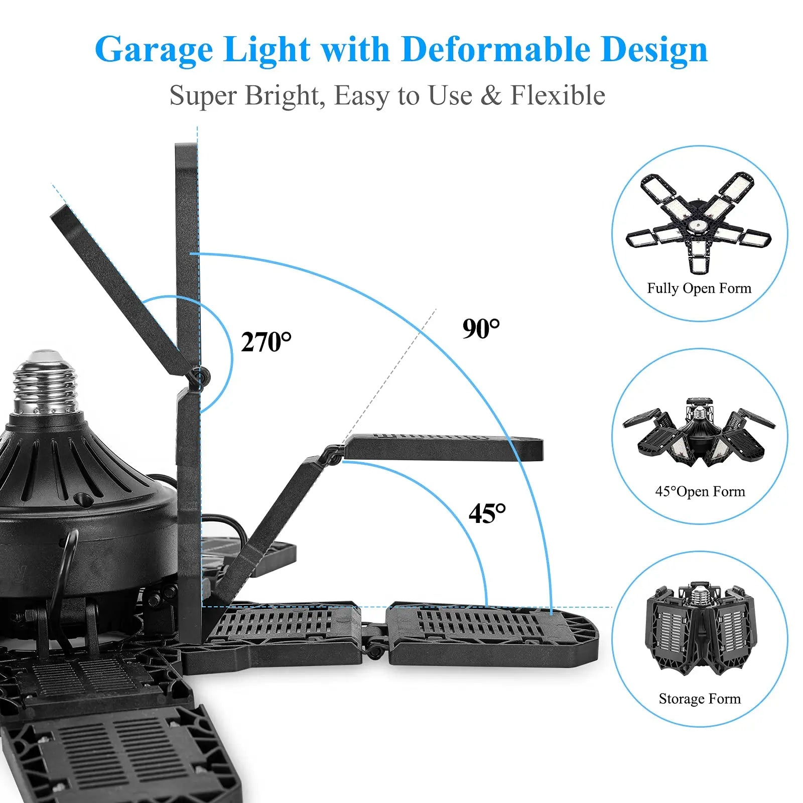 LED Garage Lights with 7/10+1 Adjustable Panels E26/E27 Ceiling Shop Work Lamp 150W 6500K Bulb for Workshop Industrial Lighting